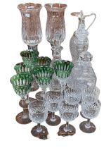 Good tray of glass including pair of candle lights, three decanters, ewer,