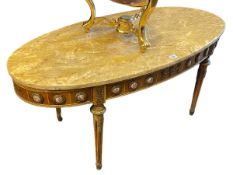 Continental oval marble topped coffee table having roundel decorated frieze, 48.5cm by 109cm by 53.