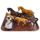 Three Beswick horses, two foals and Royal Doulton figure 'Royal Governors Cook'.
