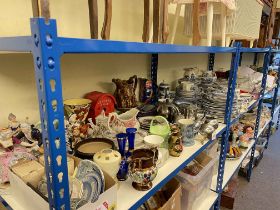 Collection of blue and white pottery, figurines, glass, metalwares, etc.