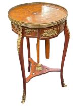 French floral inlaid and gilt metal mounted circular occasional table on three cabriole legs joined