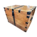 Large oak and iron bound silver chest fitted with three tier partitioned interior,