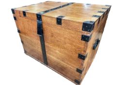 Large oak and iron bound silver chest fitted with three tier partitioned interior,