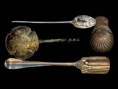 18th Century silver mote spoon, silver caddy spoon, Sheffield 1781, and two other silver spoons (4).