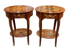 Pair Continental inlaid oval two tier single drawer lamp tables, 73cm by 54cm by 40cm.
