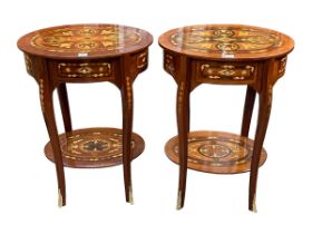 Pair Continental inlaid oval two tier single drawer lamp tables, 73cm by 54cm by 40cm.
