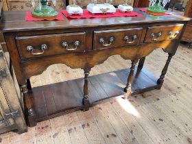 Oak period style three drawer potboard dresser, 78.5cm by 141cm by 44cm.