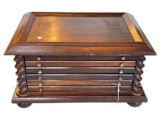 Mahogany coin collectors box, 51cm by 39cm by 38cm.