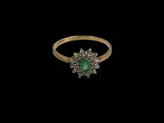 Emerald and diamond 9 carat gold ring, size T.