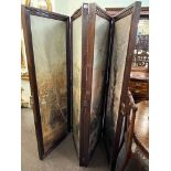 Mahogany framed four fold vanity screen with floral painted panels, 181.5cm high.