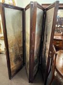 Mahogany framed four fold vanity screen with floral painted panels, 181.5cm high.