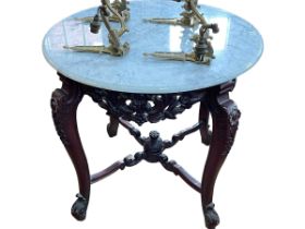 Circular marble topped centre table on carved polished wood base, 76.5cm by 86cm diameter.