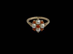 Coral and half pearl 9 carat gold ring, size O.