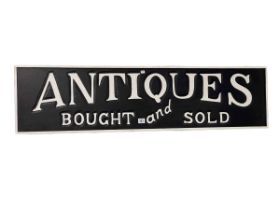 Rectangular 'Antiques Bought and Sold' hanging sign, 30cm by 120cm.
