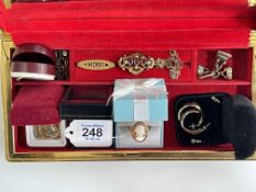 Jewellery box and contents including Victorian fobs and 9 carat gold cameo ring.