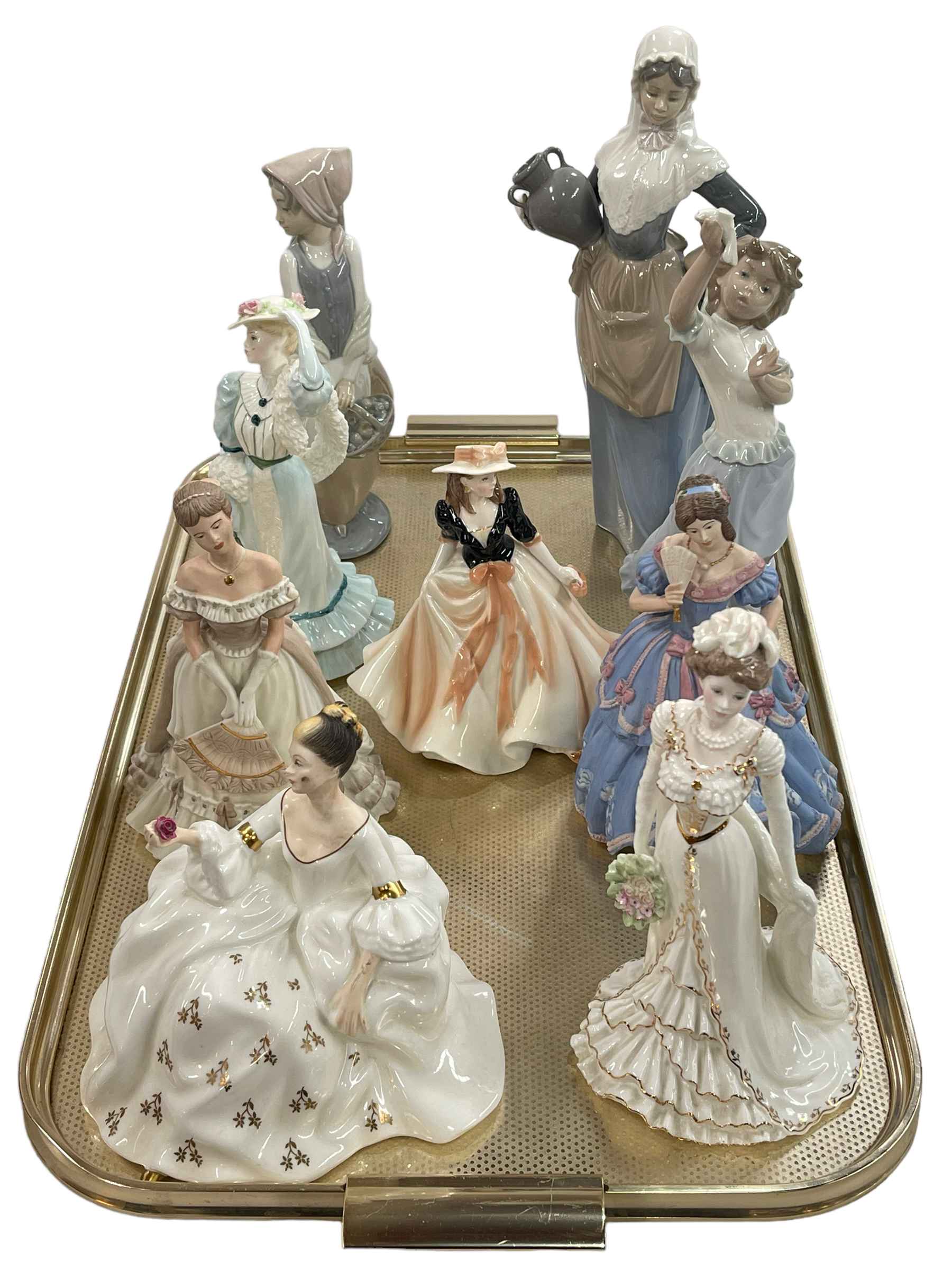 Three Coalport, three Nao, Royal Doulton, Wedgwood and Royal Worcester figures.