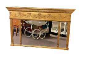 Regency style gilt framed triple bevelled panel overmantel mirror and rectangular framed bevelled