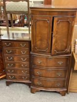 Mahogany bow front three door cocktail cabinet and slim mahogany six drawer chest.