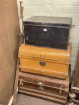 Three tin trunks, wall clock, two clamps and collection of pictures and mirror.