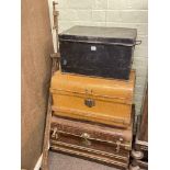 Three tin trunks, wall clock, two clamps and collection of pictures and mirror.
