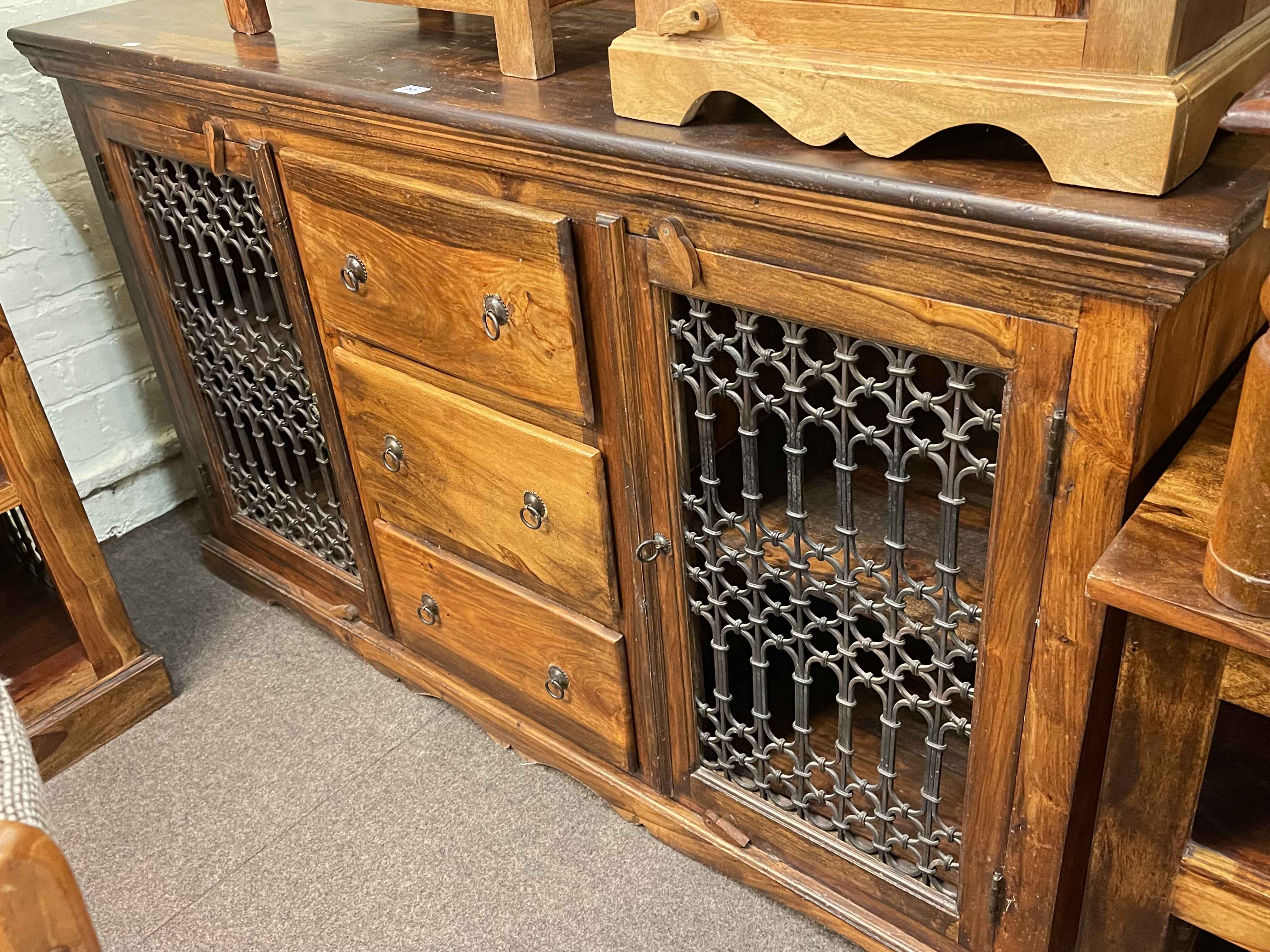 Indian style hardwood and pierced metal decorated two door sideboard, entertainment unit, - Image 2 of 3
