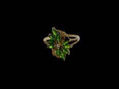 9 carat gold tiny diamond and green stone petals ring, size U.