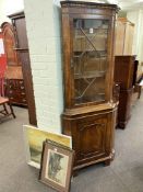 Two mahogany astragal glazed topped standing corner cabinets, oil painting and two prints (5).