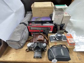 Various vintage cameras, Hanimex 75-300mm lens, Miranda flash gun, Chinon binoculars,