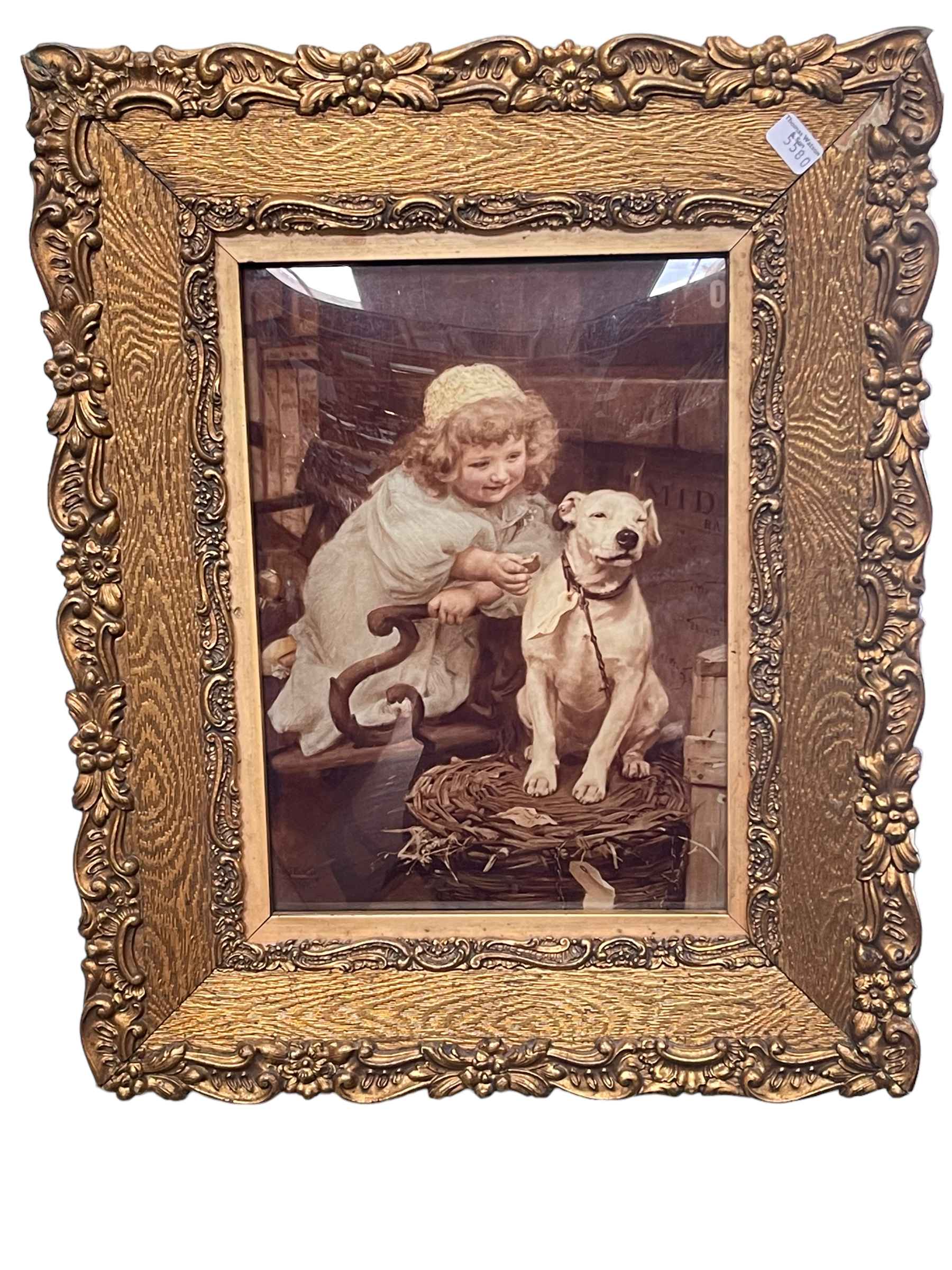 Gilt framed bevelled chrystoleum depicting Girl with Dog, 40cm by 33cm, including frame.