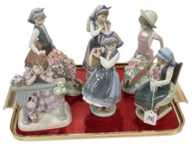 Collection of six Lladro figures including A Perfect Day, Dutch Girl and Barrel of Blossom.