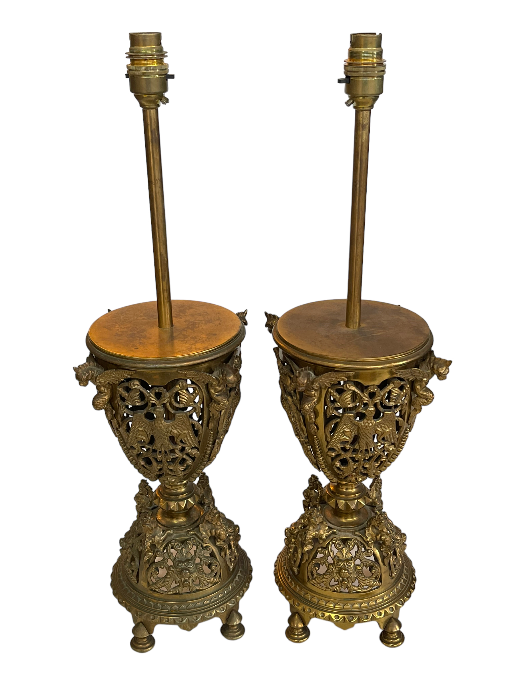 Pair of ornate gilt metal table lamps with dragon decoration, 56cm.