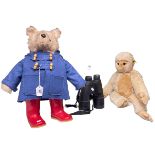 Paddington Bear, Steiff Monkey, and pair of Swarovski binoculars.