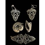 Olga Gori silver jewellery comprising harp and dolphin brooches,