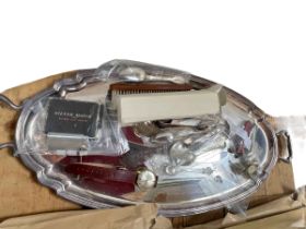 Oval silver plated tray, Limit wristwatch, lighters, penknives, cufflinks, cutlery, etc.