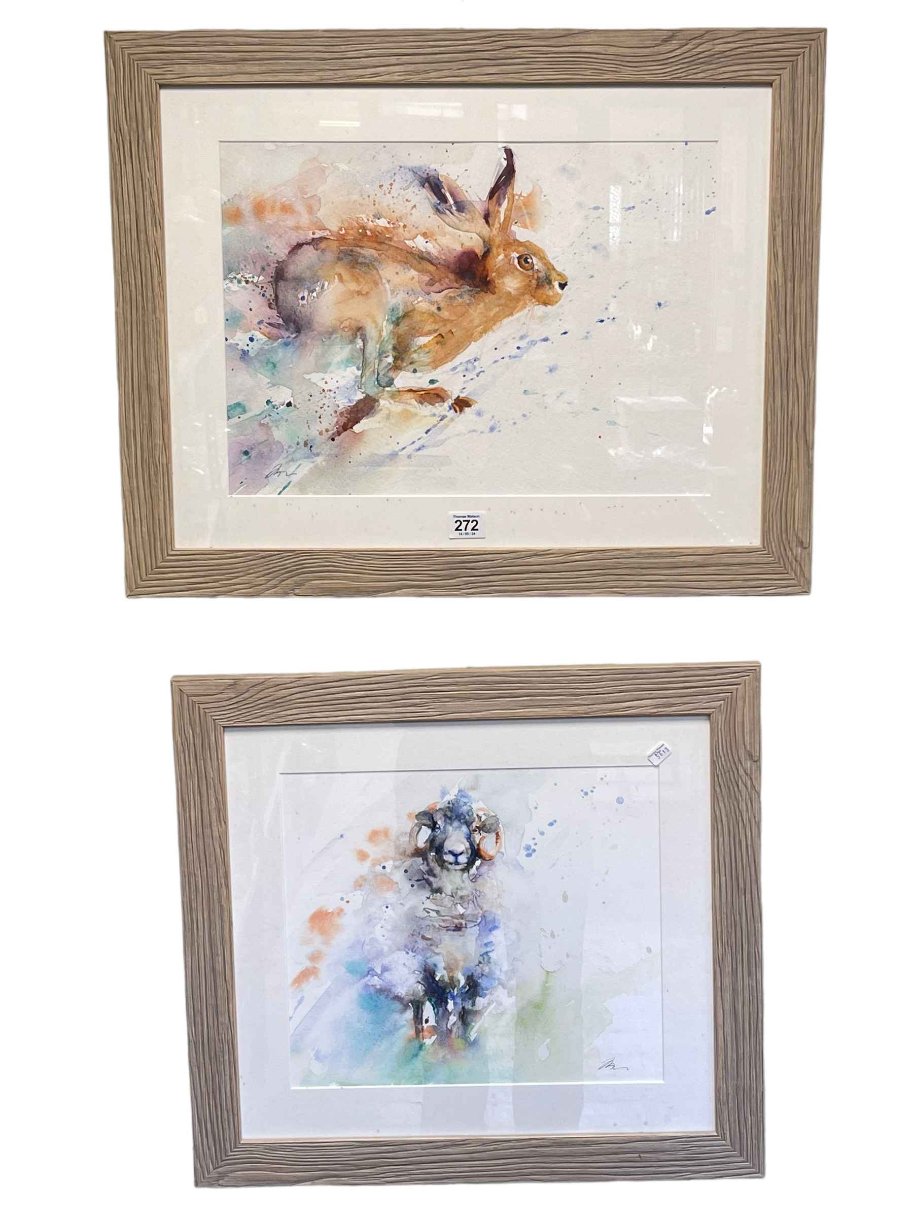 Jen Buckley, Running Hare and Swaledale Sweep, two watercolours, both framed with COA verso,