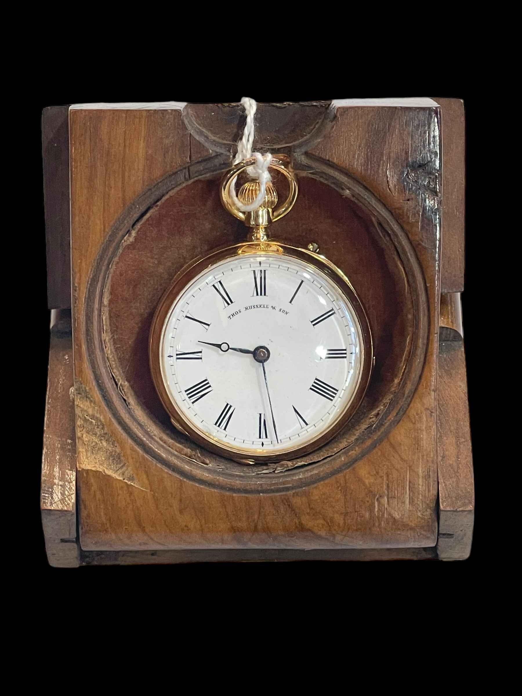 18 carat gold keyless fob watch, hallmarked Chester 1878, and the dial signed Thos Russell & Son,