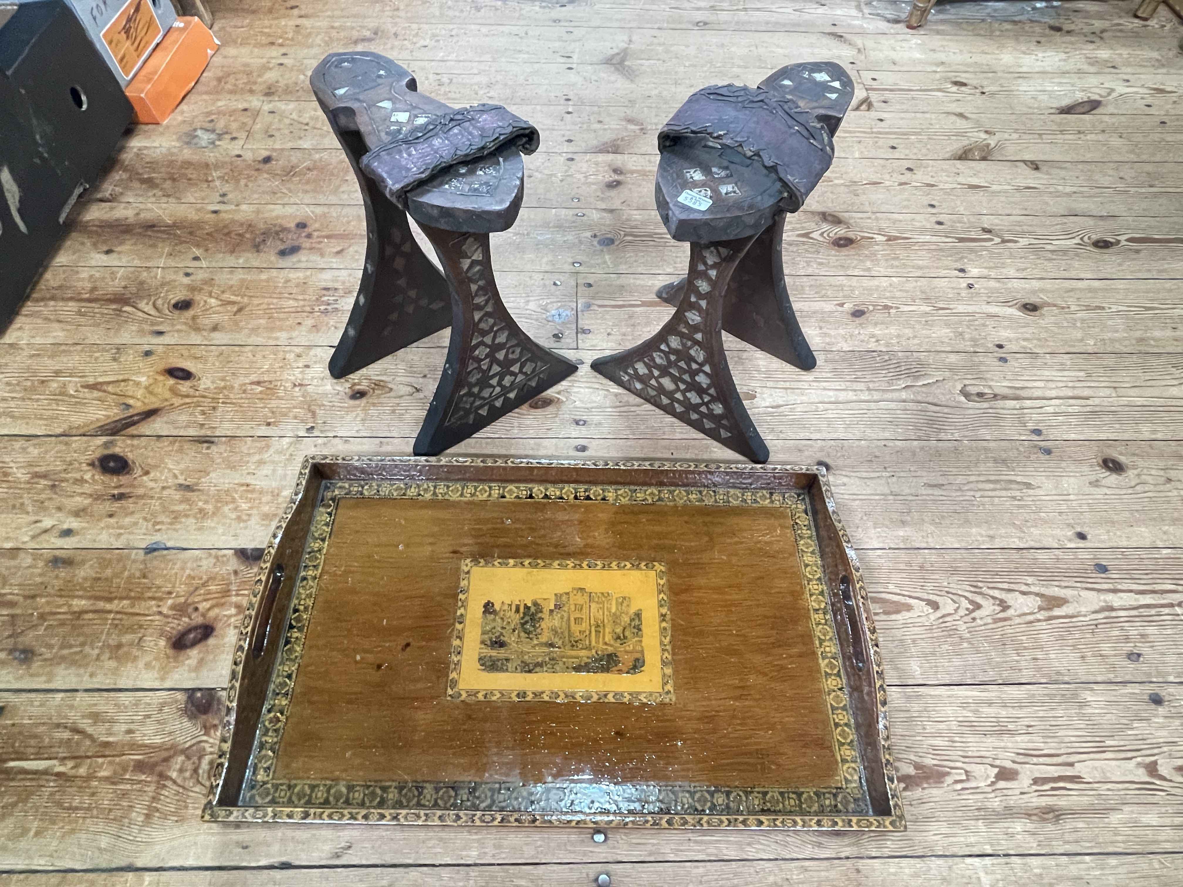 Pair of mother of pearl inlaid stilts, book trough, Tunbridge Ware tray, carved box, - Image 2 of 2