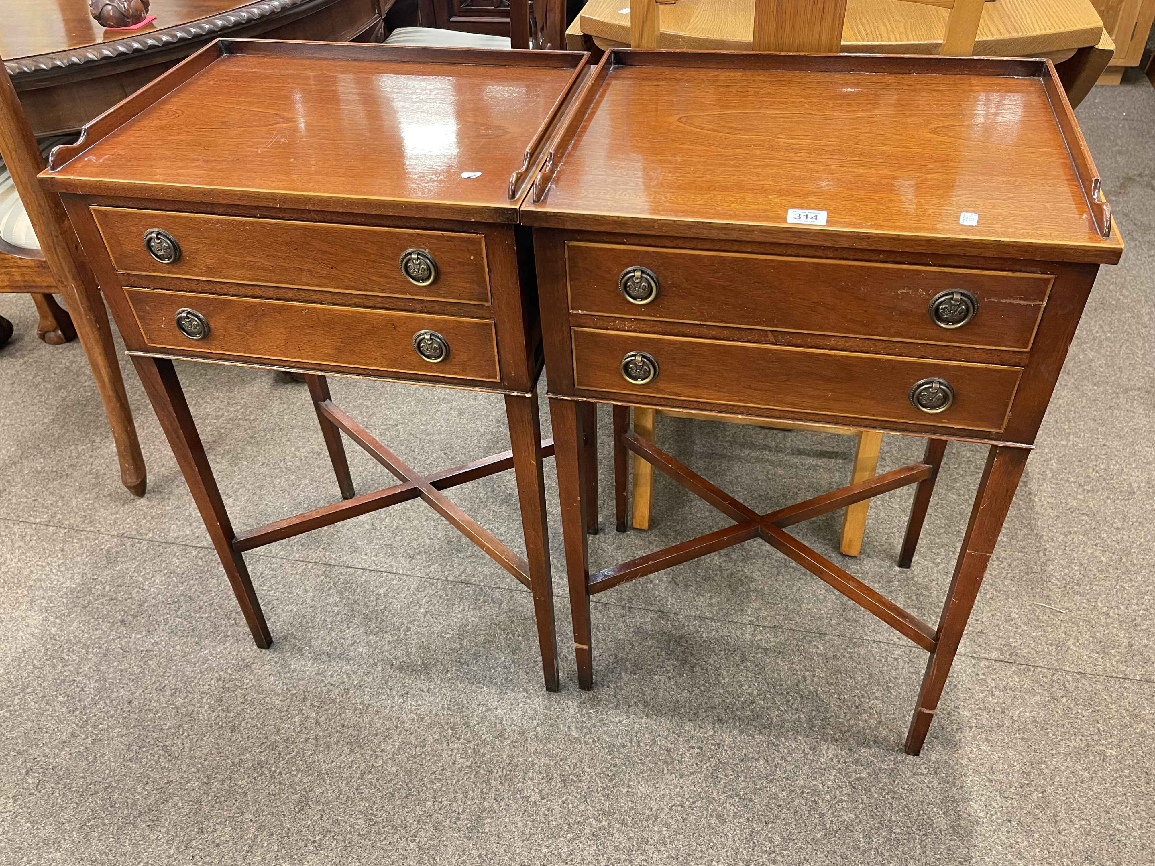 Pair mahogany and line inlaid two drawer night tables, 77.5cm by 48cm by 36cm.