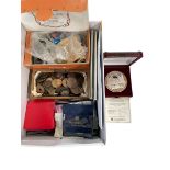 Collection of banknotes, Islamic coins, Golden Wedding silver proof £5 Royal Mint coin,