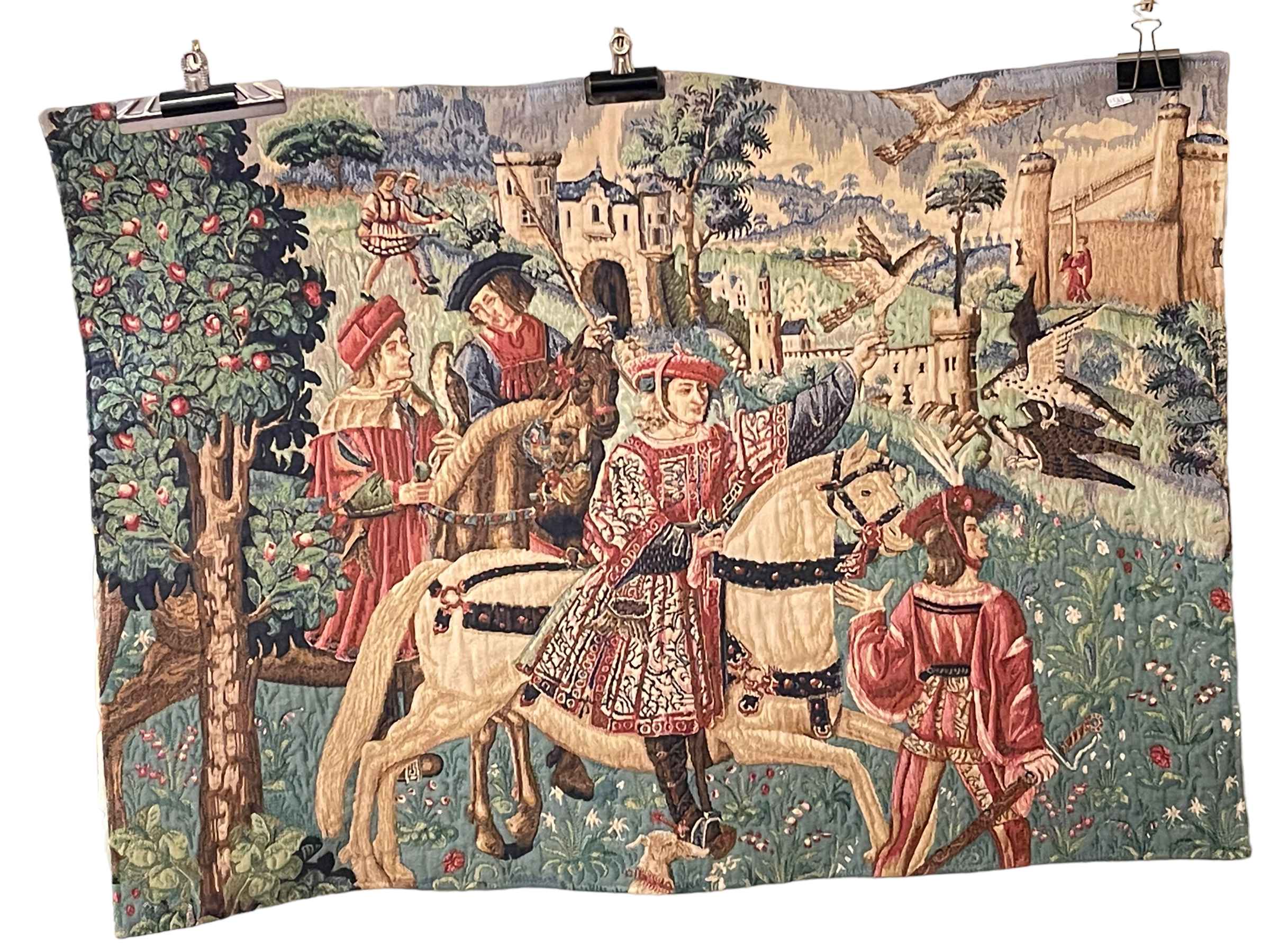 French tapestry wall hanging 'Depart Pour La Chasse', 70cm by 96cm.