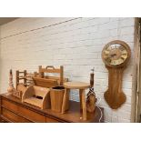 Collection of light oak furnishings including lamps, wall clock, book troughs, etc.
