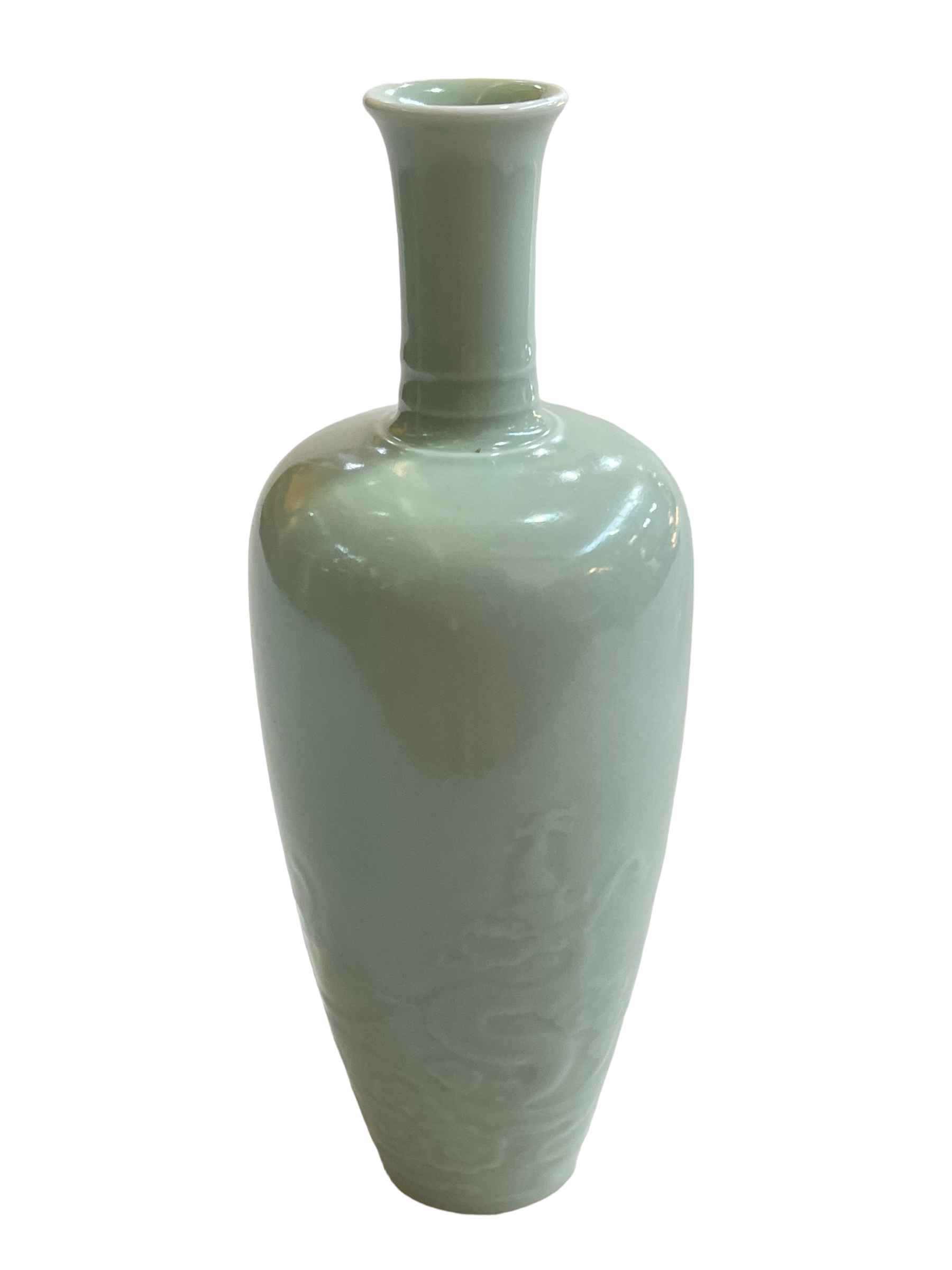 Chinese Celadon china vase with raised dragon decoration, six character Kangxi mark to base, 21cm. - Image 3 of 4