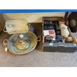 Copper two handled pan, brass desk lamp, stone bottles, cameras and lenses, table pencil sharpener,