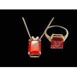 Red topaz 9 carat gold ring, size P/Q, together with similar necklace (2).