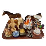 Two Royal Doulton figures Noelle and Balloon Girl, two Beswick Horses and Bulldog, paperweight, etc.