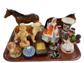 Two Royal Doulton figures Noelle and Balloon Girl, two Beswick Horses and Bulldog, paperweight, etc.