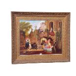 Large gilt framed Continental colourful canvas depicting figures in the grounds of a building,