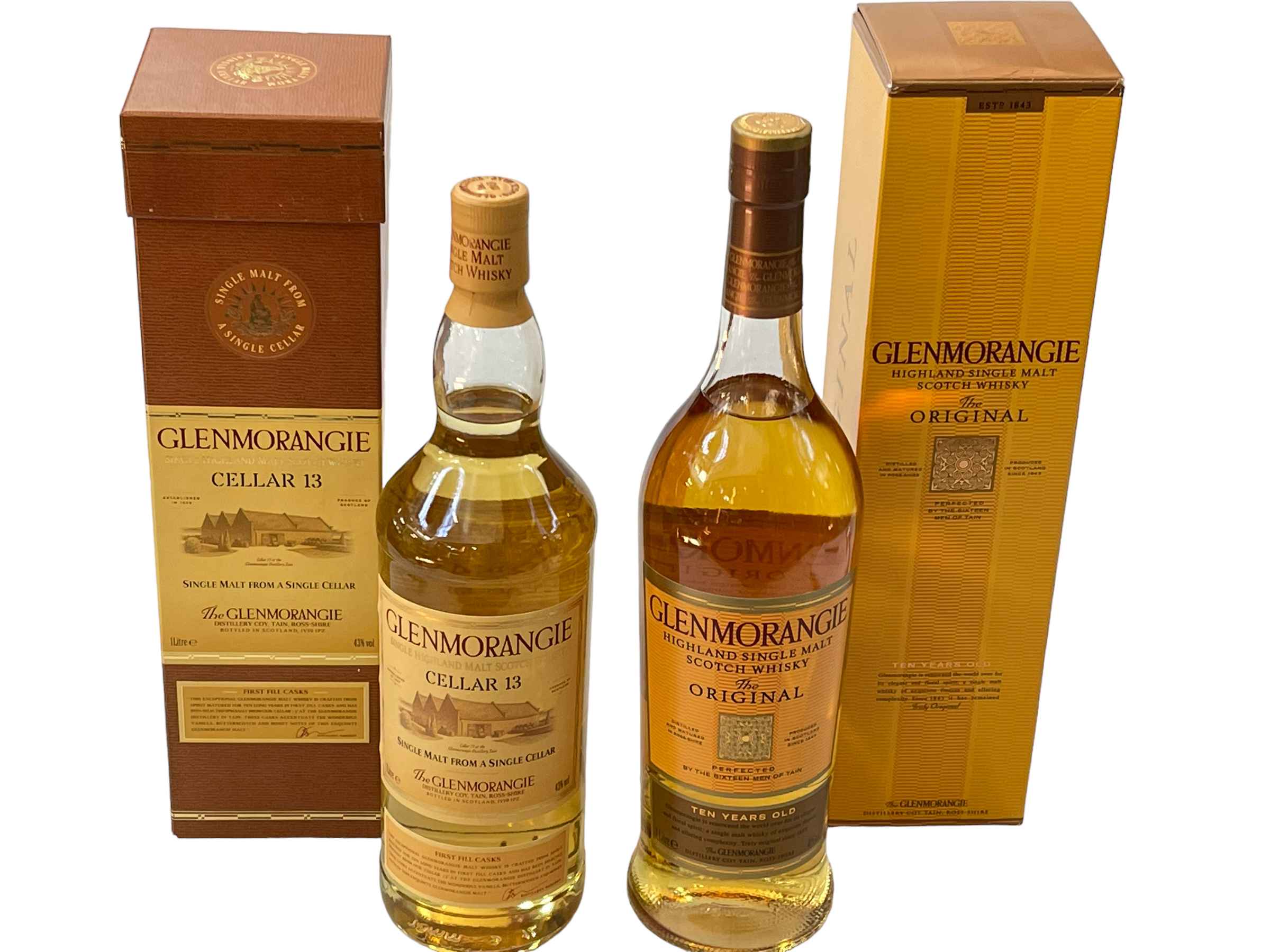 Two bottles of whisky, Glenmorangie Cellar 13, and Glenmorangie Original 10 years, both boxed.