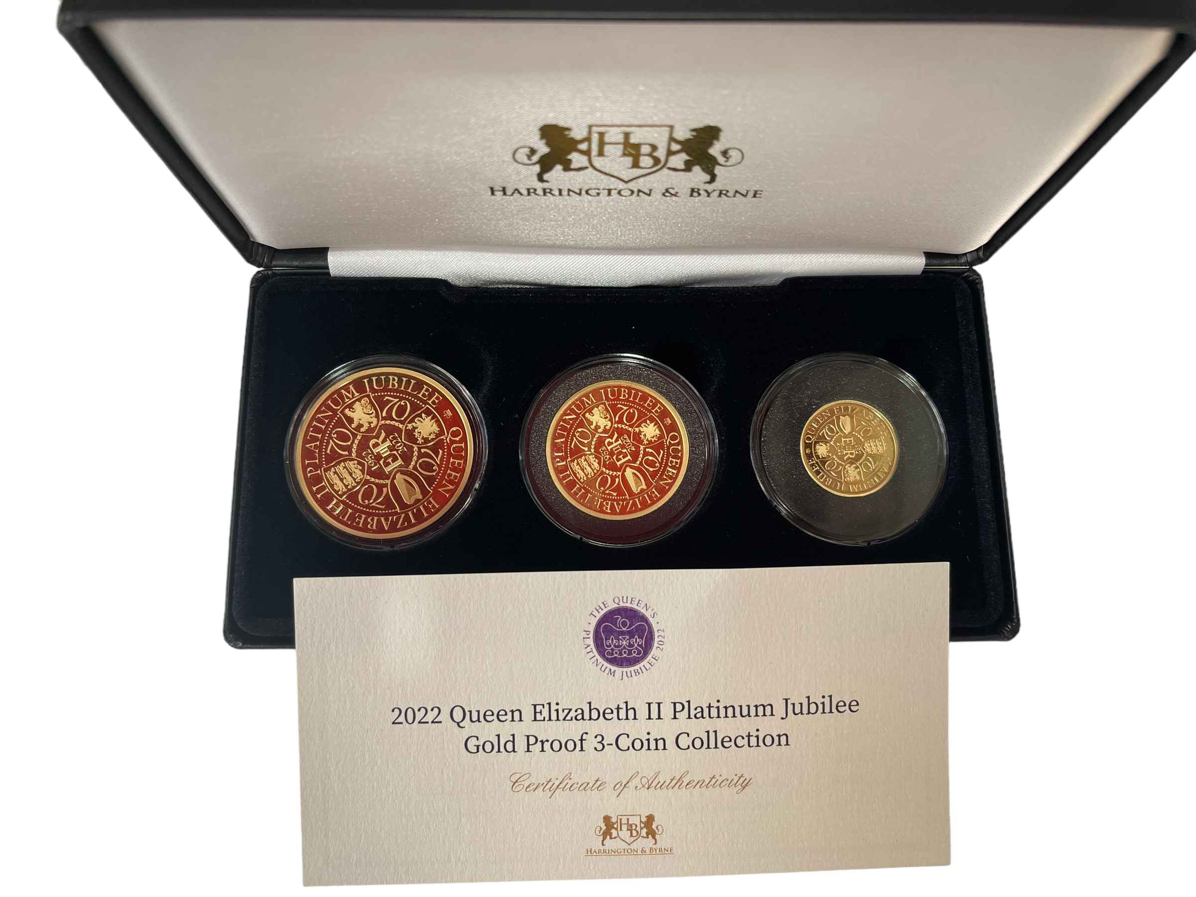 2022 QEII Platinum Jubilee gold proof three coin collection by Harrington and Byrne with COA,