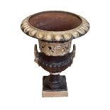 Painted cast iron Campana style two handled garden urn, 61cm by 48cm diameter.